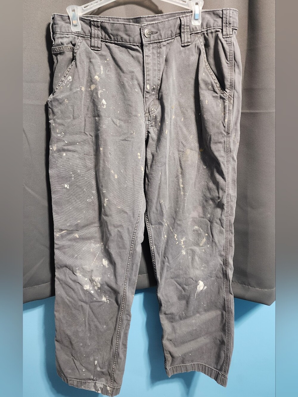 Distressed Carhartt Carpenter Pants Grey Heavy Paint Splatter Thrashed Skater 34